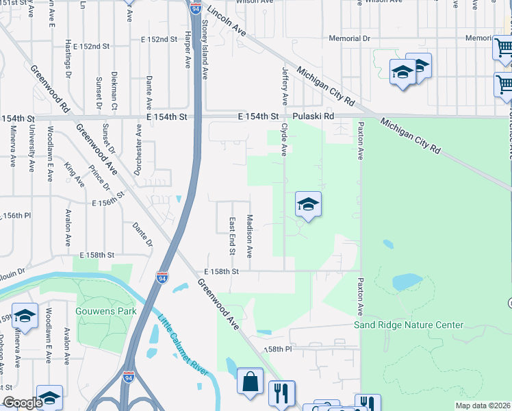 map of restaurants, bars, coffee shops, grocery stores, and more near 1712 156th Street in Dolton