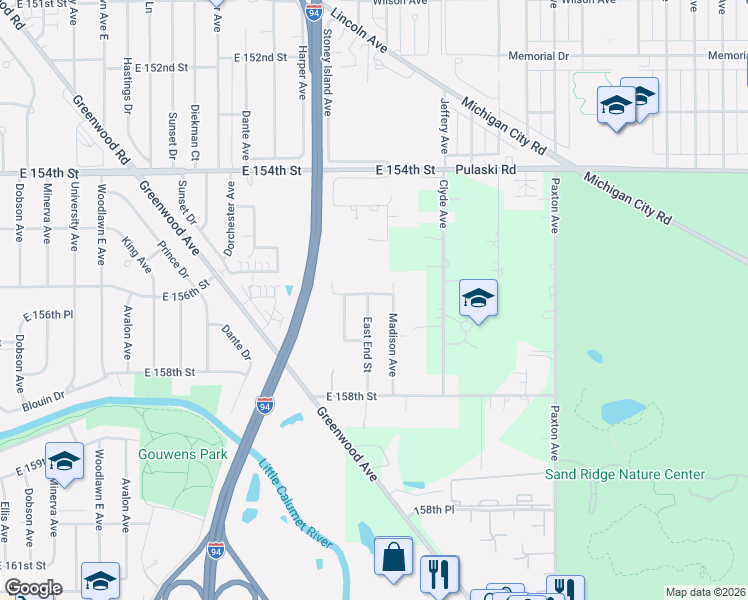 map of restaurants, bars, coffee shops, grocery stores, and more near 1712 156th Street in Dolton