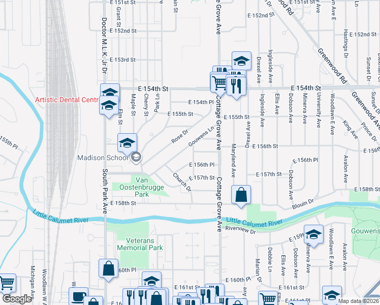 map of restaurants, bars, coffee shops, grocery stores, and more near 15562 Langley Avenue in South Holland