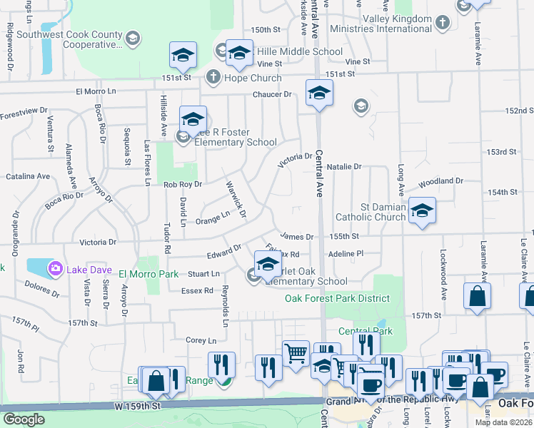 map of restaurants, bars, coffee shops, grocery stores, and more near 15409 James Drive in Oak Forest