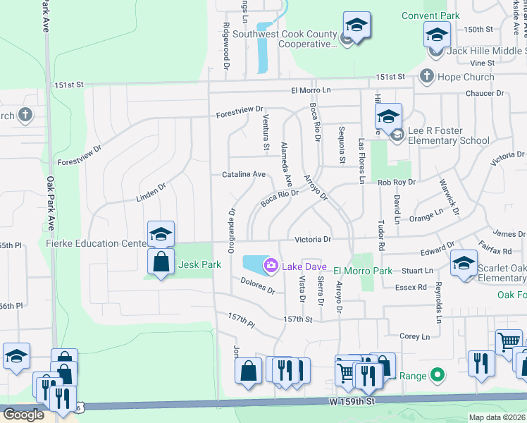 map of restaurants, bars, coffee shops, grocery stores, and more near 6225 Boca Rio Drive in Oak Forest