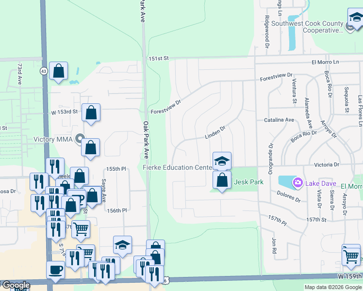 map of restaurants, bars, coffee shops, grocery stores, and more near 6629 Linden Drive in Oak Forest