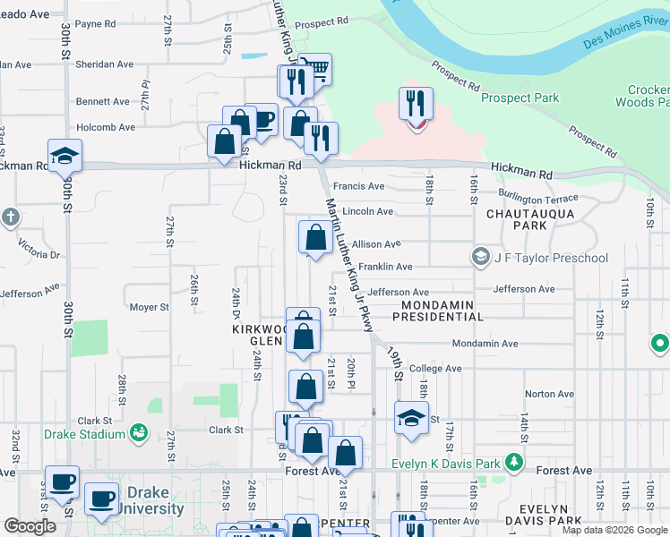 map of restaurants, bars, coffee shops, grocery stores, and more near 1901 Martin Luther King Junior Parkway in Des Moines