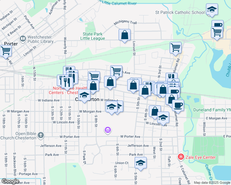 map of restaurants, bars, coffee shops, grocery stores, and more near 609 Broadway in Chesterton