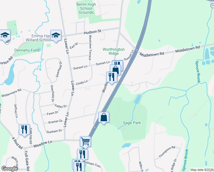 map of restaurants, bars, coffee shops, grocery stores, and more near 1175 Worthington Ridge in Berlin