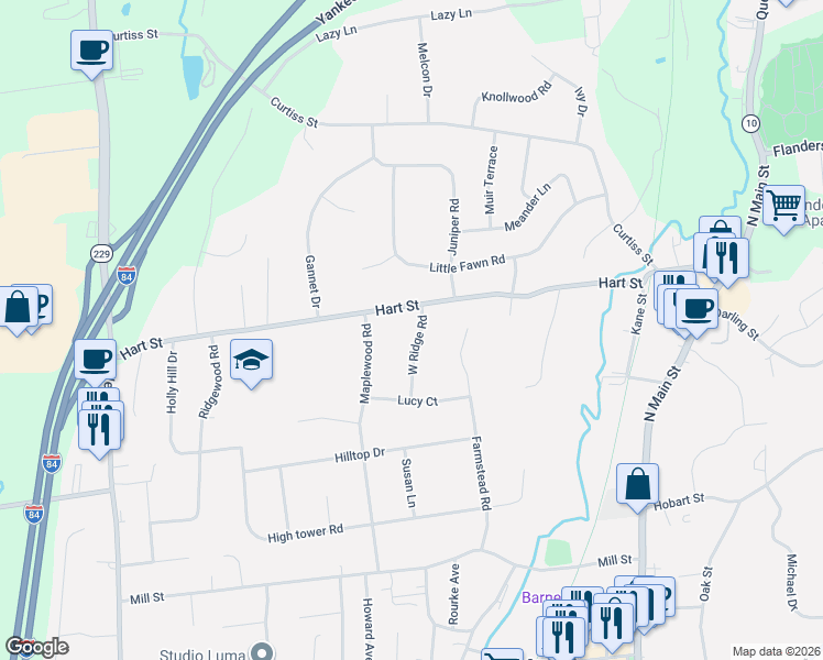 map of restaurants, bars, coffee shops, grocery stores, and more near 10 West Ridge Road in Southington