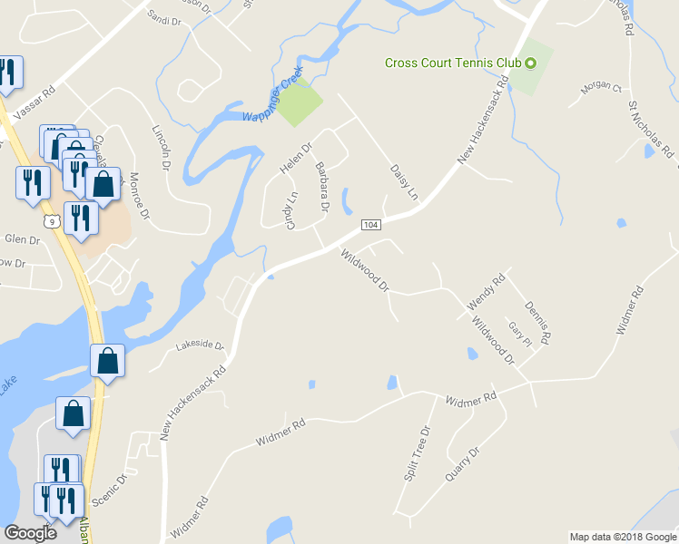 map of restaurants, bars, coffee shops, grocery stores, and more near 6 Wildwood Drive in Wappingers Falls