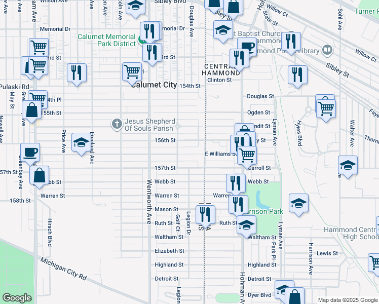 map of restaurants, bars, coffee shops, grocery stores, and more near 26 156th Place in Calumet City
