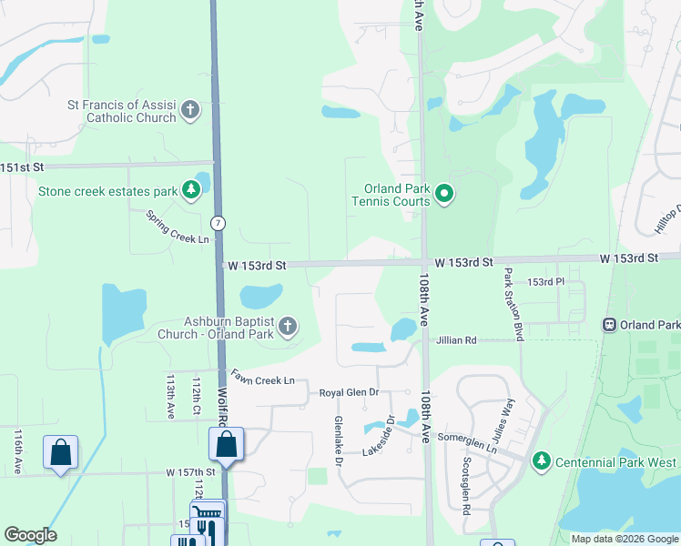 map of restaurants, bars, coffee shops, grocery stores, and more near 10855 West 153rd Street in Orland Park
