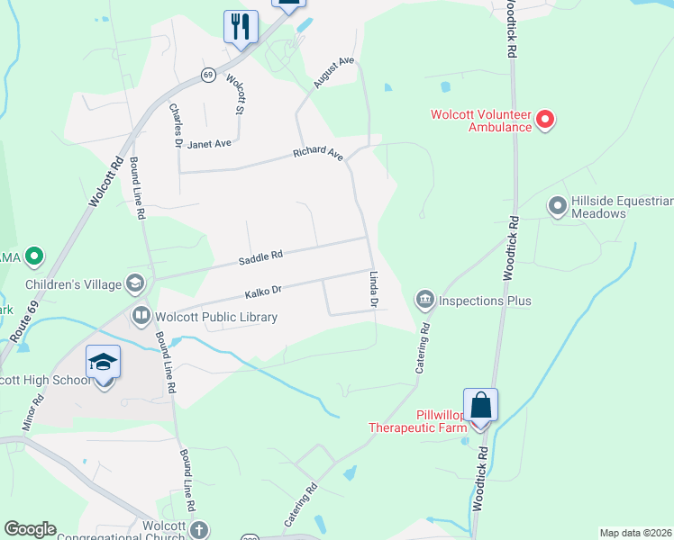 map of restaurants, bars, coffee shops, grocery stores, and more near 103 Kalko Drive in Wolcott