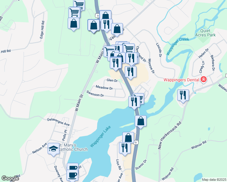 map of restaurants, bars, coffee shops, grocery stores, and more near 26 Meadow Drive in Wappingers Falls