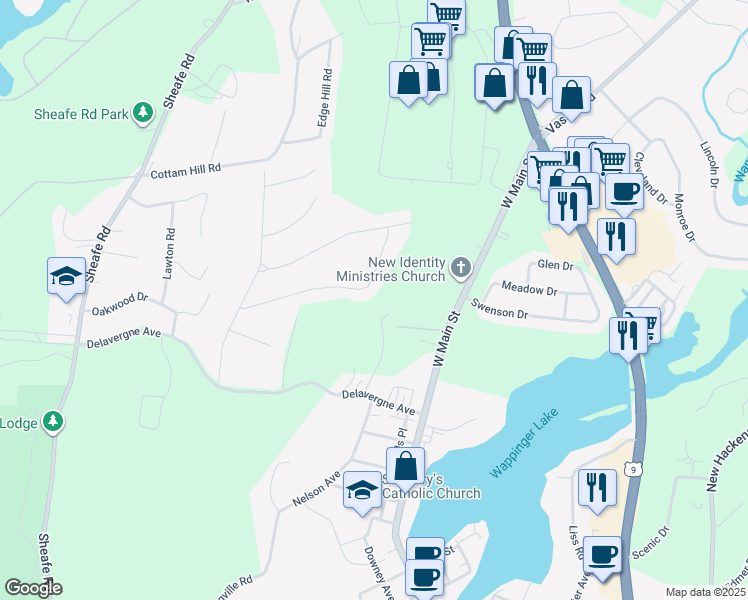 map of restaurants, bars, coffee shops, grocery stores, and more near 22 Tanglewood Drive in Wappingers Falls