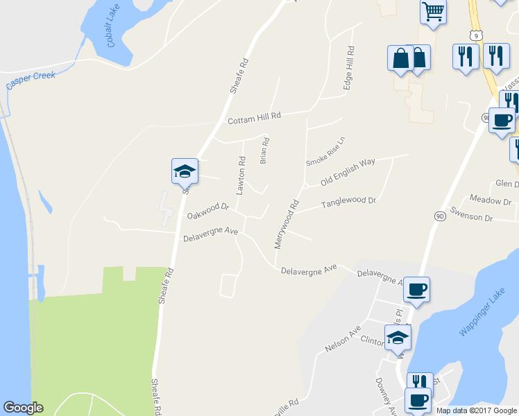 map of restaurants, bars, coffee shops, grocery stores, and more near 13 Ritter Drive in Wappingers Falls