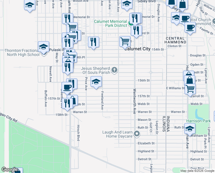 map of restaurants, bars, coffee shops, grocery stores, and more near 334 156th Place in Calumet City