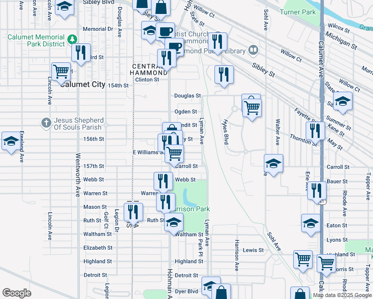 map of restaurants, bars, coffee shops, grocery stores, and more near 231 East Williams Street in Hammond