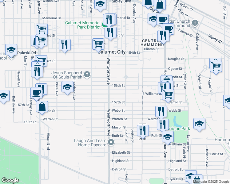 map of restaurants, bars, coffee shops, grocery stores, and more near 132 156th Place in Calumet City