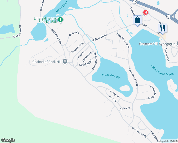 map of restaurants, bars, coffee shops, grocery stores, and more near 13 Danbury Court in Rock Hill