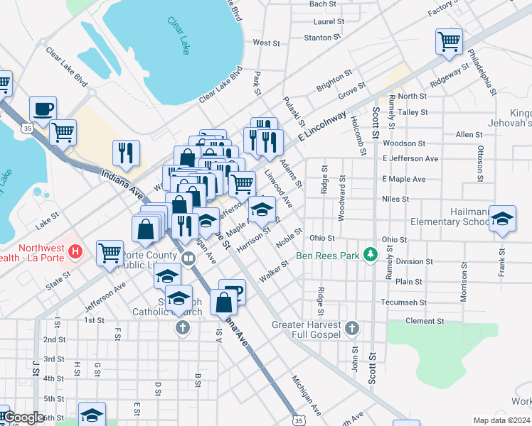 map of restaurants, bars, coffee shops, grocery stores, and more near 404 Maple Avenue in La Porte
