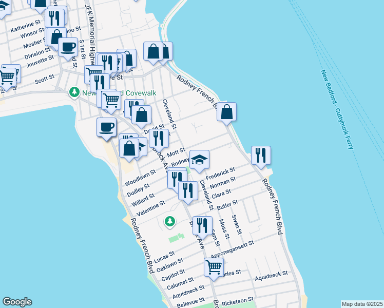 map of restaurants, bars, coffee shops, grocery stores, and more near 67 Rodney Street in New Bedford