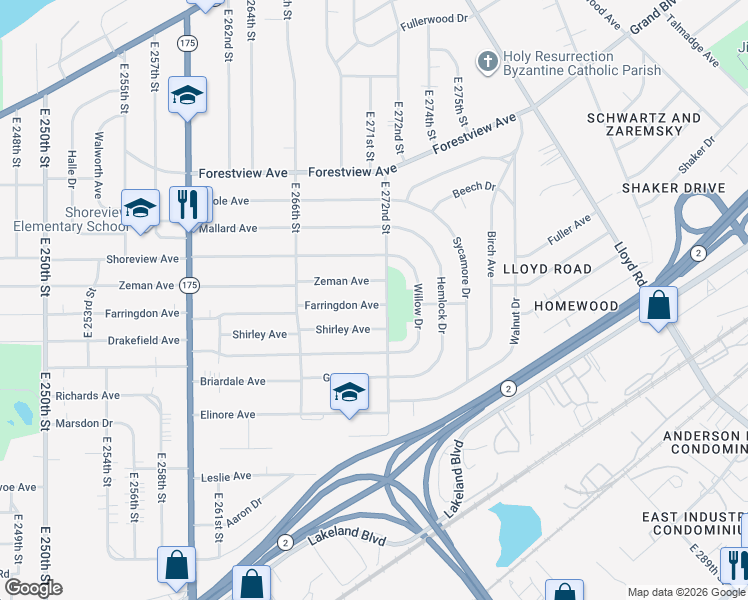 map of restaurants, bars, coffee shops, grocery stores, and more near 27151 Farringdon Avenue in Euclid