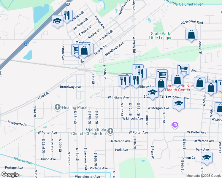 map of restaurants, bars, coffee shops, grocery stores, and more near 1401-1499 Broadway in Chesterton