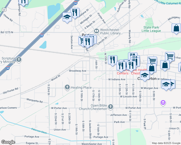 map of restaurants, bars, coffee shops, grocery stores, and more near 1611 Broadway in Chesterton