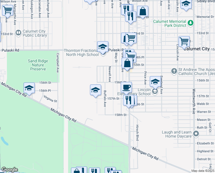 map of restaurants, bars, coffee shops, grocery stores, and more near 783 Buffalo Avenue in Calumet City