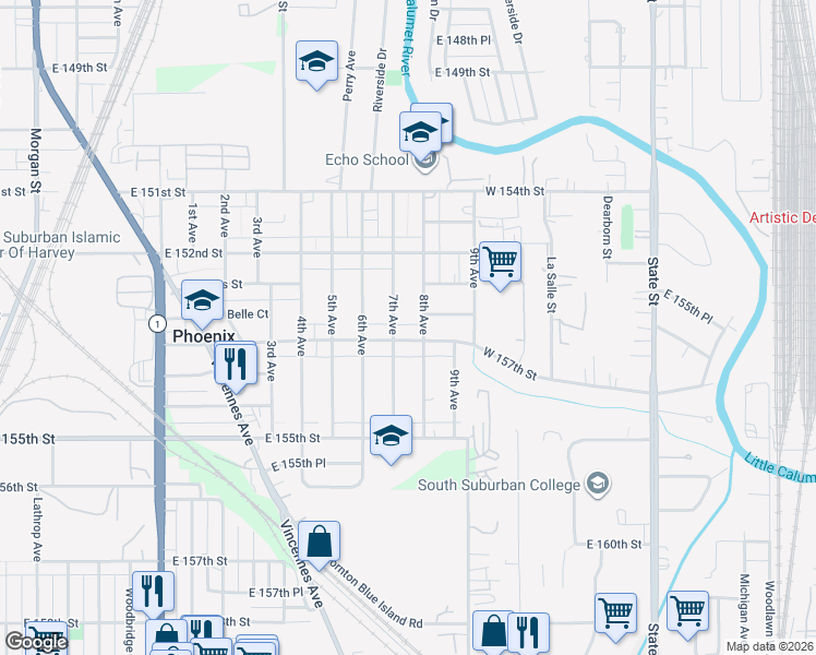 map of restaurants, bars, coffee shops, grocery stores, and more near 832 East 153rd Street in Phoenix