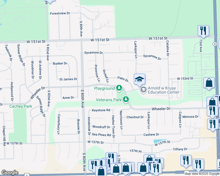 map of restaurants, bars, coffee shops, grocery stores, and more near 15360 Orchid Ct in Orland Park