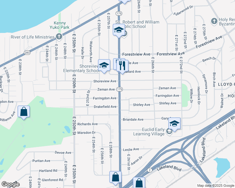 map of restaurants, bars, coffee shops, grocery stores, and more near 570 East 260th Street in Euclid