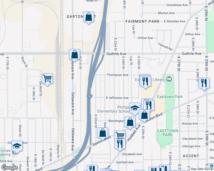 map of restaurants, bars, coffee shops, grocery stores, and more near 1913 Searle Street in Des Moines