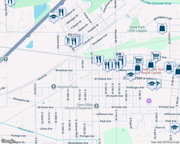 map of restaurants, bars, coffee shops, grocery stores, and more near 1501 Broadway in Chesterton