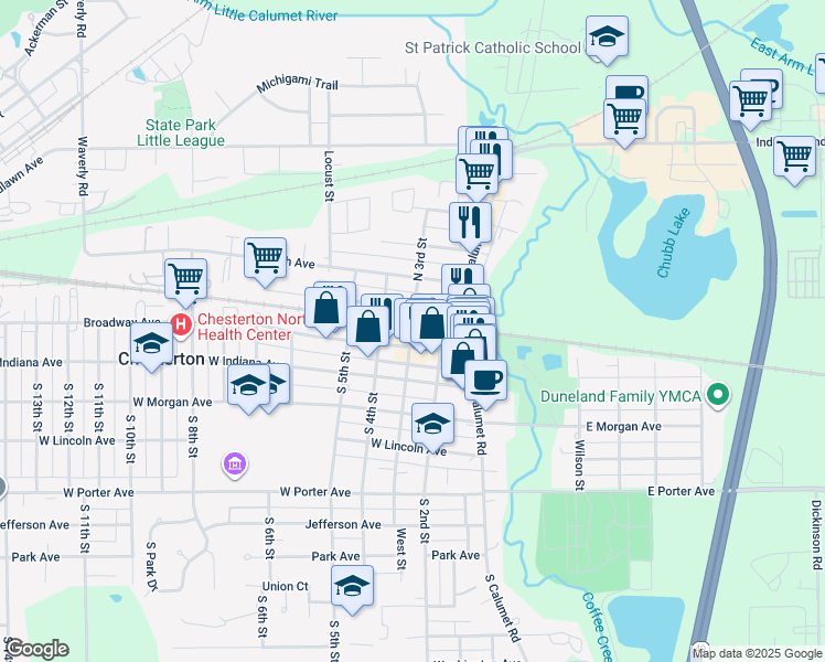 map of restaurants, bars, coffee shops, grocery stores, and more near 220 Broadway in Chesterton