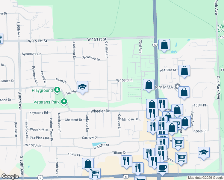 map of restaurants, bars, coffee shops, grocery stores, and more near 15356 Aubrieta Lane in Orland Park