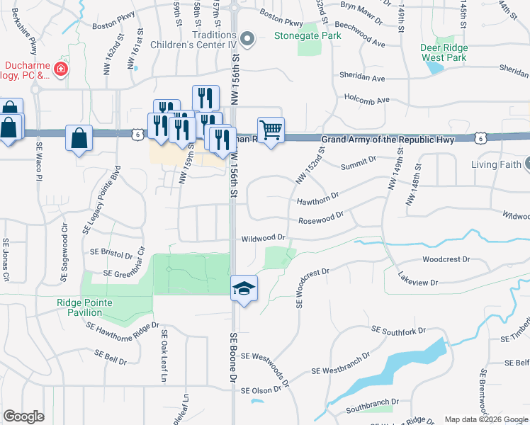 map of restaurants, bars, coffee shops, grocery stores, and more near 15283 Rosewood Drive in Clive