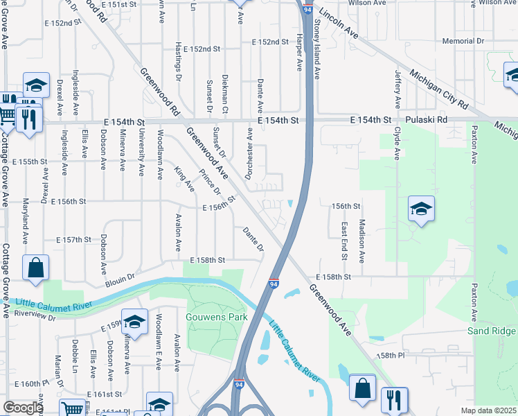 map of restaurants, bars, coffee shops, grocery stores, and more near 15613 Greenwood Road in Dolton