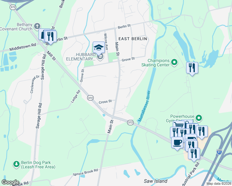 map of restaurants, bars, coffee shops, grocery stores, and more near 240 Main Street in Berlin