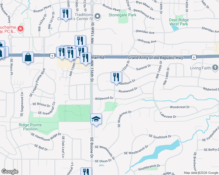 map of restaurants, bars, coffee shops, grocery stores, and more near 15283 Rosewood Drive in Clive