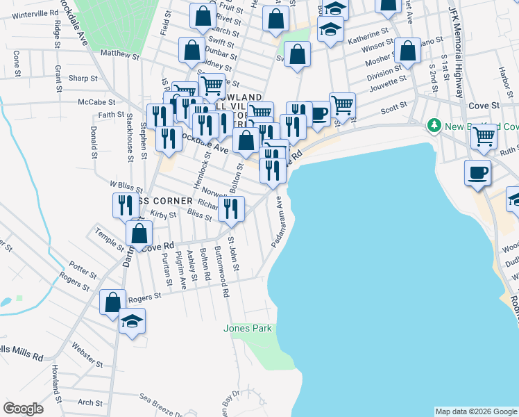 map of restaurants, bars, coffee shops, grocery stores, and more near 1564 Cove Rd in New Bedford