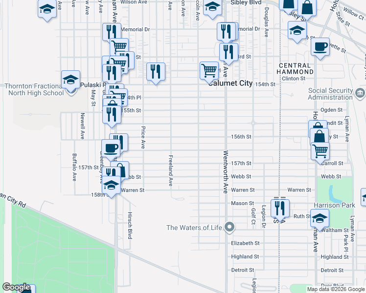 map of restaurants, bars, coffee shops, grocery stores, and more near 334 156th Place in Calumet City