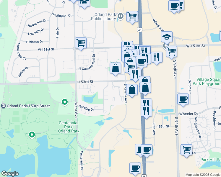 map of restaurants, bars, coffee shops, grocery stores, and more near 15310 Wilshire Drive in Orland Park