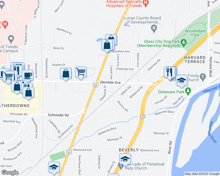 map of restaurants, bars, coffee shops, grocery stores, and more near 1522 Watova Road in Toledo