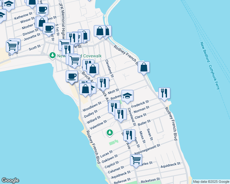 map of restaurants, bars, coffee shops, grocery stores, and more near 110 Mott Street in New Bedford