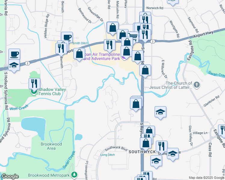 map of restaurants, bars, coffee shops, grocery stores, and more near 1600 Creek Run in Toledo