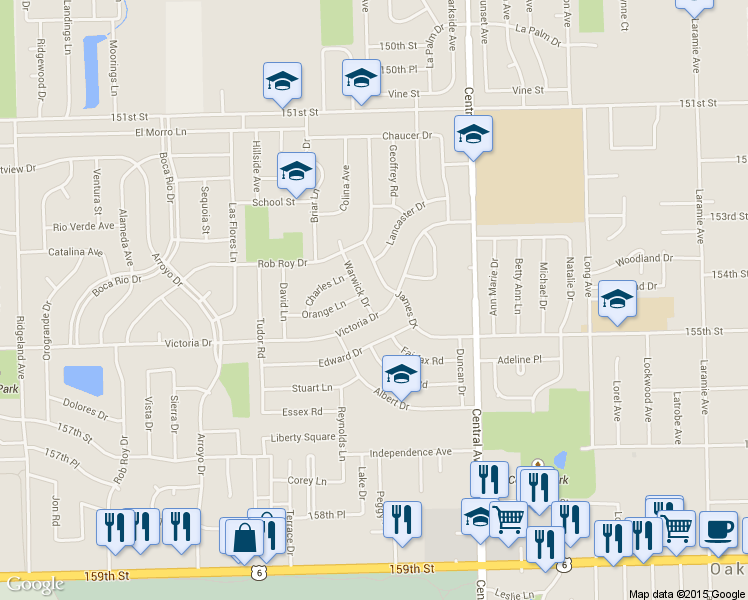 map of restaurants, bars, coffee shops, grocery stores, and more near 15457 Warwick Dr in Oak Forest