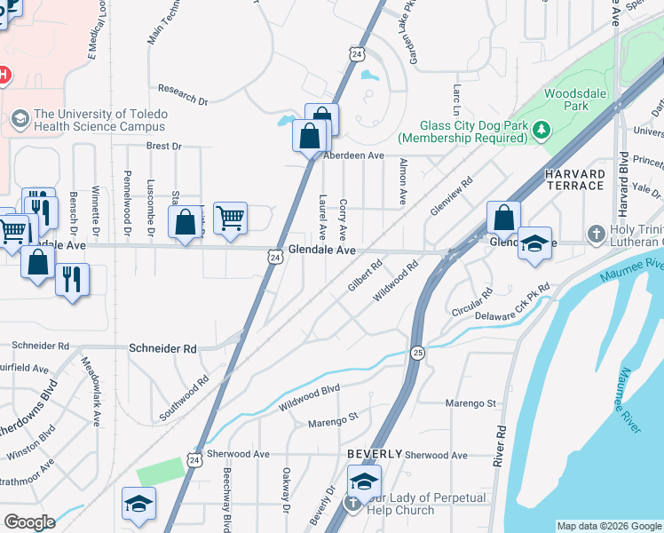 map of restaurants, bars, coffee shops, grocery stores, and more near 1521 Watova Rd in Toledo