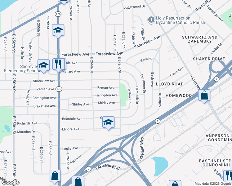map of restaurants, bars, coffee shops, grocery stores, and more near 27151 Farringdon Avenue in Euclid