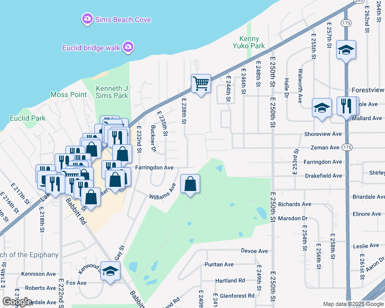 map of restaurants, bars, coffee shops, grocery stores, and more near 321 E 238th St in Euclid