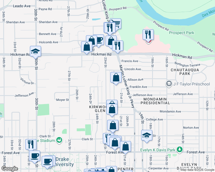 map of restaurants, bars, coffee shops, grocery stores, and more near 1901 23rd Street in Des Moines