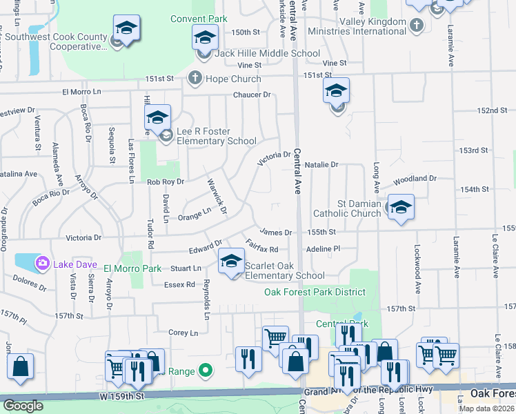 map of restaurants, bars, coffee shops, grocery stores, and more near 15409 James Drive in Oak Forest